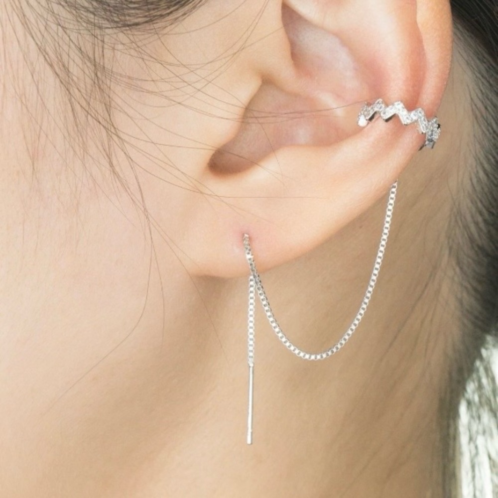 Sterling Silver with CZ Wave Cuff Semi Hoop Threader Earrings 3.75 Inches Drop